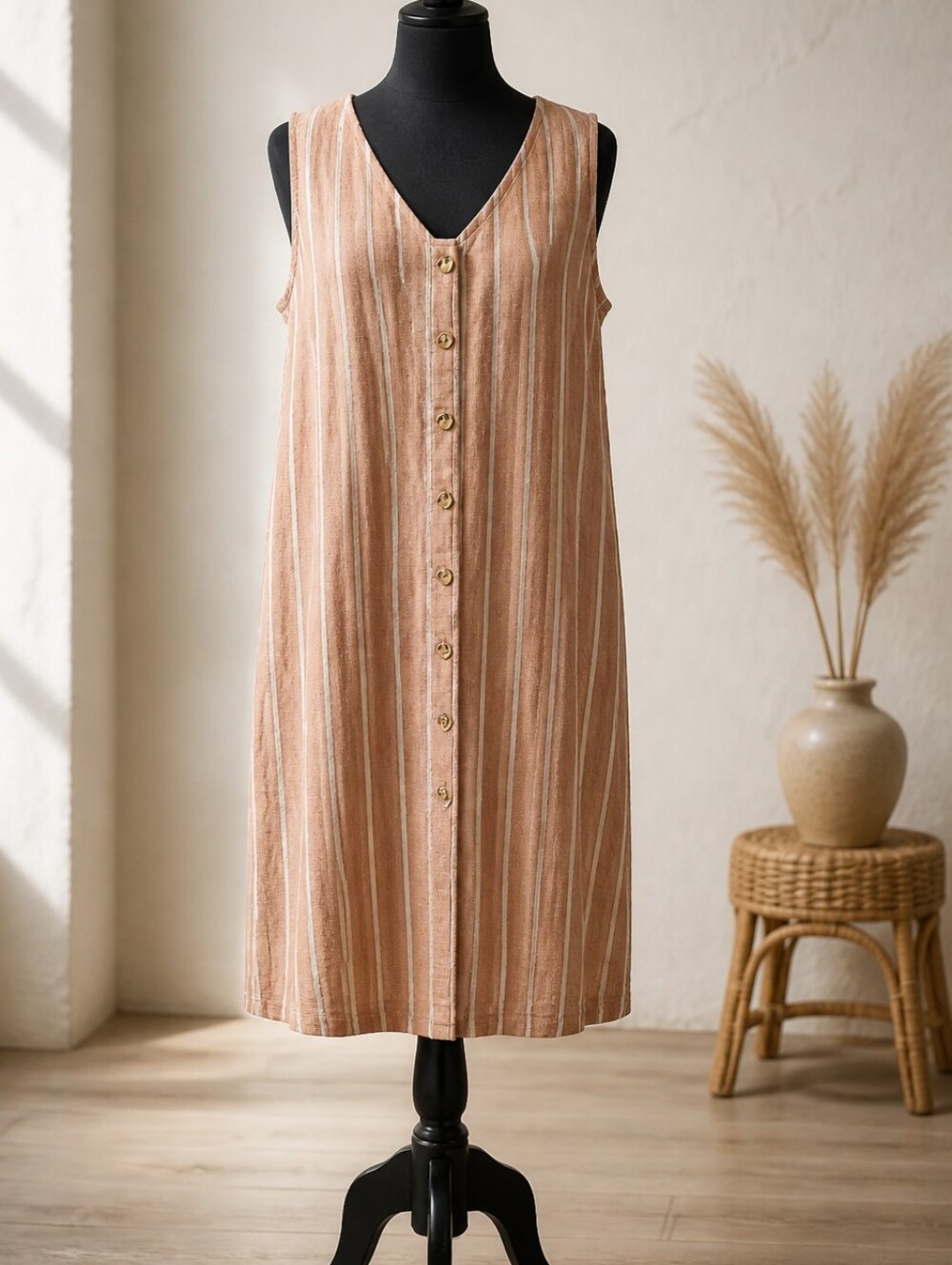 Wonderly | Sleeveless Vee Neck, Thin Stripe, Tank Dress Size L